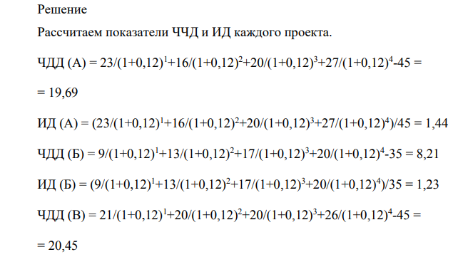 Фирма планирует инвестировать в основные фонды 100 млн. руб.; цена источников финансирования составляет 12%. Рассматриваются четыре альтернативных проекта со следующими потоками платежей (млн. руб.): проект А: -45; 23; 16; 20; 27. проект Б: -35; 9; 13; 17; 20.