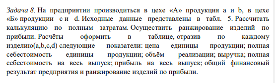 На предприятии производиться в цехе «А» продукция a и b, в цехе «Б» продукции c и d. Исходные данные представлены в табл.