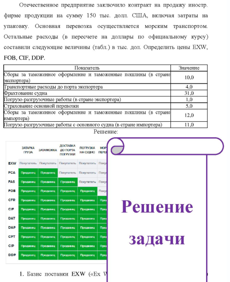 Отечественное предприятие заключило контракт на продажу иностр. фирме продукции на сумму 150 тыс. долл. США, включая затраты на упаковку. Основная перевозка осуществляется морским транспортом. Остальные расходы (в
