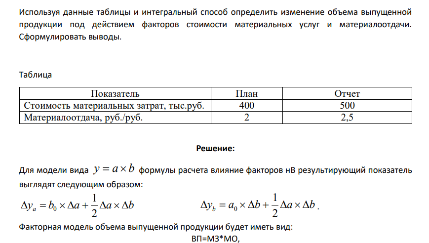 Используя данные таблицы и интегральный способ определить изменение объема выпущенной продукции под действием факторов стоимости материальных услуг и материалоотдачи. Сформулировать выводы. Таблица Показатель План Отчет Стоимость материальных затрат, тыс.руб. 400 500 Материалоотдача, руб./руб. 2 2,5