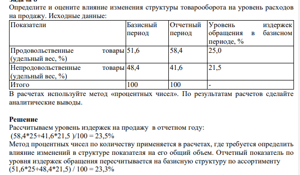 Определите и оцените влияние изменения структуры товарооборота на уровень расходов на продажу. Исходные данные: Показатели Базисный период ъ
