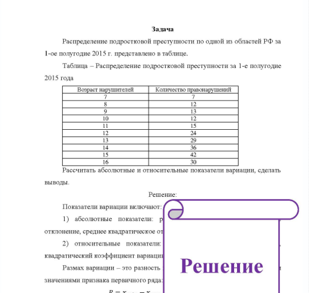 Задача Распределение подростковой преступности по одной из областей РФ за l-ое полугодие 2015 г. представлено в таблице. Таблица - Распределение подростковой преступности за 1-е полугодие 2015 года Возраст нарушителей Количество правонарушений 15 16 42 Рассчитать абсолютные и относительные показатели вариации, сделать выводы.