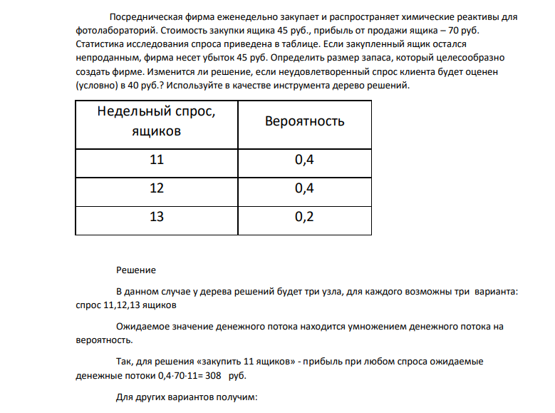 Посредническая фирма еженедельно закупает и распространяет химические реактивы для фотолабораторий. Стоимость закупки ящика 45 руб., прибыль от продажи ящика – 70 руб