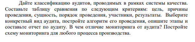 Дайте классификацию аудитов, проводимых в рамках системы качества. Составьте таблицу сравнения по следующим критериям: цель, причины проведения, сущность, порядок проведения, участники, результаты. Выберите конкретный вид аудита, постройте алгоритм его проведения, опишите этапы и составьте отчет по аудиту.