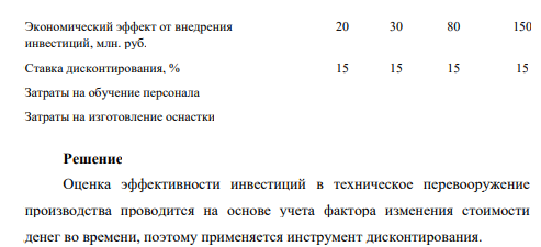 Оценить эффективность инвестиций в техническое перевооружение производства. Рассчитайте чистую текущую стоимость проекта, индекс рентабельности инвестиций и дисконтированный срок окупаемости инвестиций