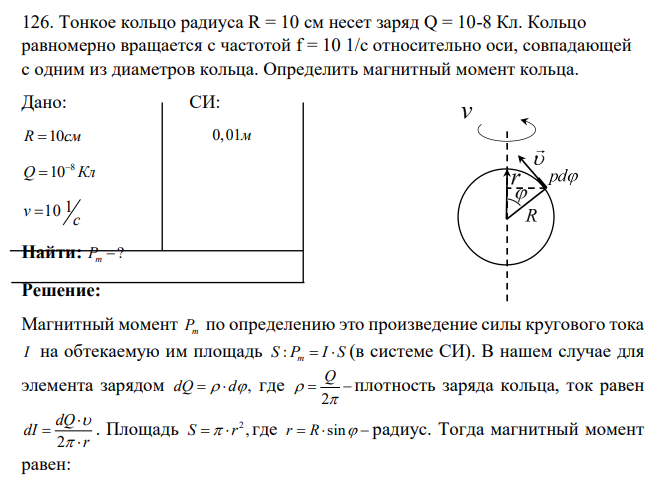 онкое кольцо радиуса R = 10 см несет заряд Q = 10-8 Кл. Кольцо равномерно вращается с частотой f = 10 1/c относительно оси, совпадающей с одним из диаметров кольца. Определить магнитный момент кольца. Дано: CИ: R 10см 0,01м 8 Q 10 Кл   1 v 10 c  Найти: ? P m 