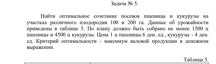 Найти оптимальное сочетание посевов пшеницы и кукурузы на участках различного плодородия 100 и 200 га. Данные об урожайности приведены в таблице 5. По плану должно быть собрано не менее 1500 ц пшеницы и 4500 ц кукурузы. Цена 1 ц пшеницы 6 ден. ед., кукурузы - 4 ден. ед.