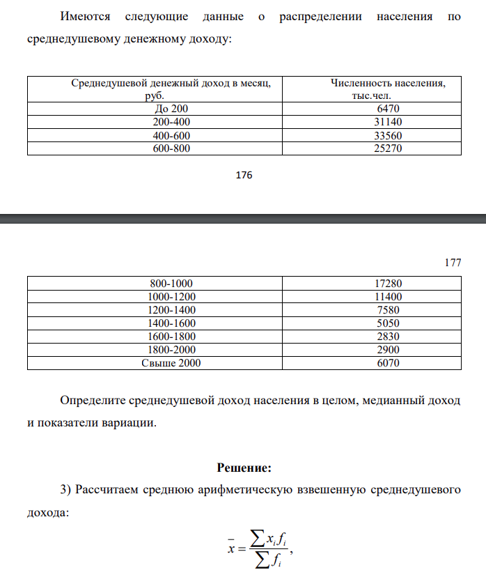 Имеются следующие данные о распределении населения по среднедушевому денежному доходу: Среднедушевой денежный доход в месяц, руб. Численность населения, тыс.чел. До 200 6470 200-400 31140