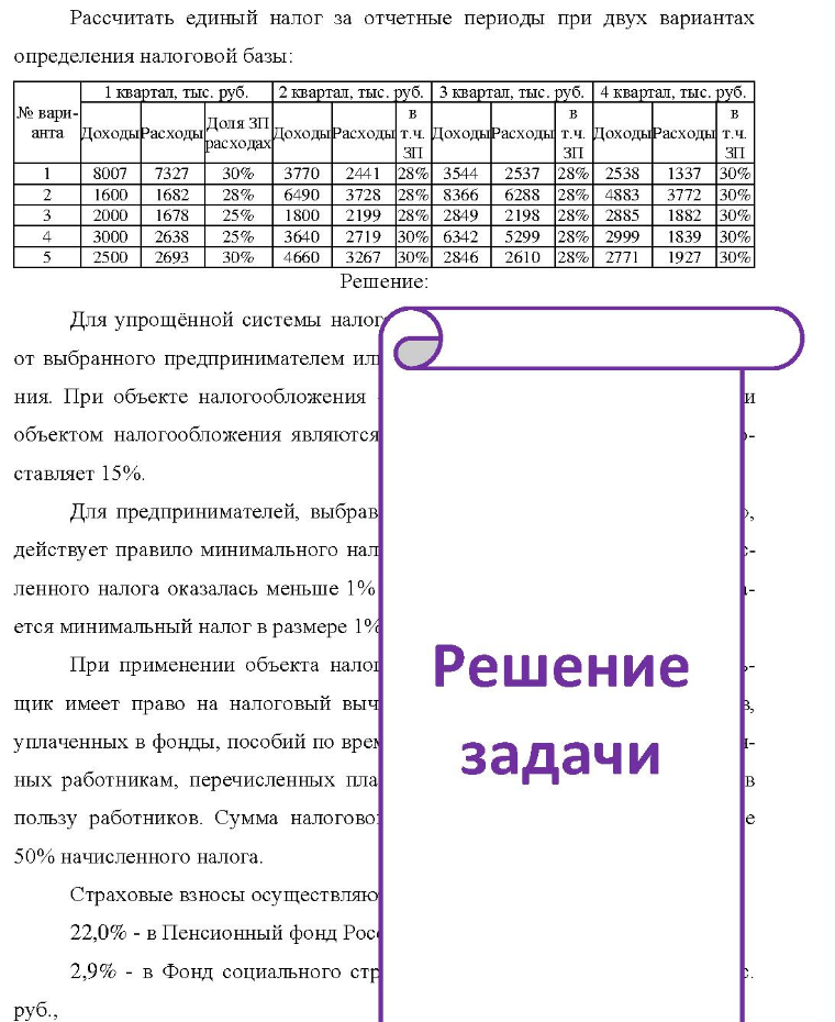 Рассчитать единый налог за отчетные периоды при двух вариантах определения налоговой базы: № вари- 1 квартал, тыс. руб. 2 квартал, тыс. руб. 3 квартал, тыс. руб. 4 квартал, тыс. руб. руб. анта ДоходыРасходы Доля ЗП расходах B Доходы Расходы т.ч. ДоходыРасходы т.ч. Доходы