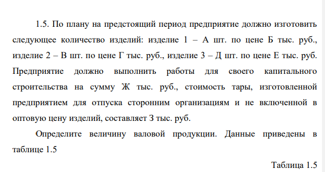По плану на предстоящий период предприятие должно изготовить следующее количество изделий: изделие 1 – А шт. по цене Б тыс. руб., изделие 2 – В шт. по цене Г тыс. руб., изделие 3 – Д шт. по цене Е тыс. руб.