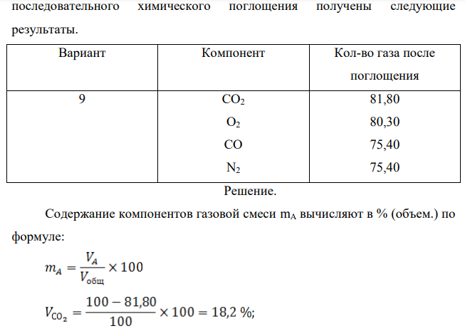 Определите количественный состав газовой смеси, содержащей СО2, СО, О2, N2, если при анализе 100 мл смеси методом последовательного химического поглощения получены следующие результаты. Вариант Компонент Кол-во газа после поглощения 9 СО2 О2 СО N2 81,80 80,30 75,40 75,40