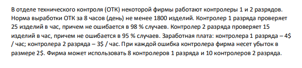 В отделе технического контроля (ОТК) некоторой фирмы работают контролеры 1 и 2 разрядов. Норма выработки ОТК за 8 часов (день) не менее 1800 изделий. Контролер 1 разряда проверяет 25 изделий в час, причем не ошибается в 98 % случаев. Контролер 2 разряда проверяет 15 изделий в час, причем не ошибается в 95 % случаев. Заработная плата: контролера 1 разряда – 4$ / час; контролера 2 разряда – 3$ / час. При каждой ошибка контролера фирма несет убыток в размере 2$. Фирма может использовать 8 контролеров 1 разряда и 10 контролеров 2 разряда. Руководство фирмы хочет определить оптимальный состав ОТК, при котором общие затраты на контроль будут минимальными.