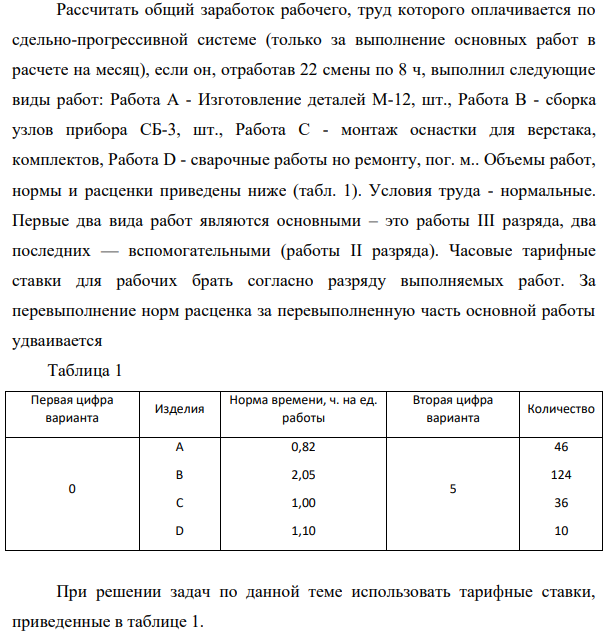 Рассчитать общий заработок рабочего, труд которого оплачивается по сдельно-прогрессивной системе (только за выполнение основных работ в расчете на месяц), если он, отработав 22 смены по 8 ч, выполнил следующие виды работ: Работа А - Изготовление деталей М-12, шт., Работа В - сборка узлов прибора СБ-3, шт.