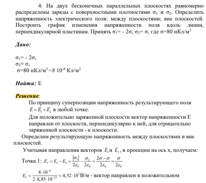 На двух бесконечных параллельных плоскостях равномерно распределены заряды с поверхностными плотностями σ1 и σ2. Определить напряженность электрического поля: между плоскостями; вне плоскостей. Построить график изменения напряженности поля вдоль линии, перпендикулярной пластинам. Принять σ1= - 2σ, σ2= σ, где σ=80 нКл/м