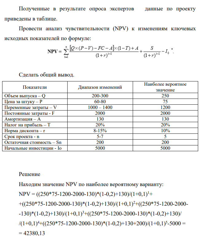 Фирма рассматривает инвестиционный проект, связанный с выпуском продукта «А». Полученные в результате опроса экспертов данные по проекту приведены в таблице.