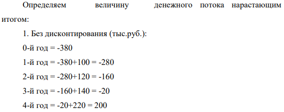 Оцените эффективность инвестиционного проекта, имеющего денежные потоки (тыс. руб.): -380, 100, 120, 140, 220, если издержки привлечения капитала r = 20%.Найдите простой и дисконтированный срок окупаемости проекта.