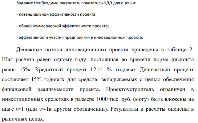 Необходимо рассчитать показатель ЧДД для оценки: - потенциальной эффективности проекта; - общей коммерческой эффективности проекта; - эффективности участия предприятия в инновационном проекте. Денежные потоки инновационного проекта приведены в таблице 2. Шаг расчета равен одному году, постоянная во времени норма дисконта равна 15%. Кредитный процент 12,11 % годовых