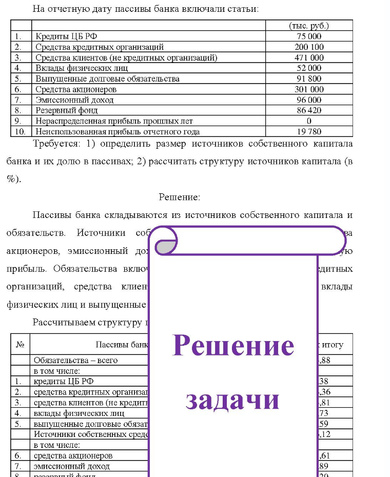На отчетную дату пассивы банка включали статьи: (тыс. руб. ) Кредиты ЦБ РФ 75 000 Средства кредитных организаций 200 100 Средства клиентов (не кредитных организаций) 471 000 Вклады физических лиц 52.000 Выпушенные долговые обязательства 91 800