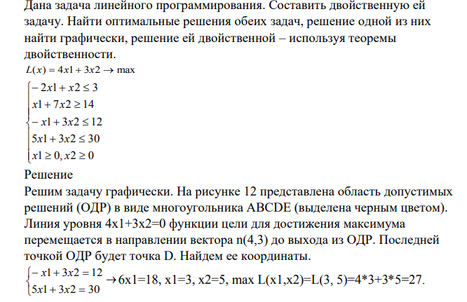 Дана задача линейного программирования. Составить двойственную ей задачу. Найти оптимальные решения обеих задач, решение одной из них найти графически, решение ей двойственной – используя теоремы двойственности. L(x) 4x1 3x2 max 1 0, 2 0 5 1 3 2 30 1 3 2 12 1 7 2 14 2 1 2 3 x x x x x x x x x x