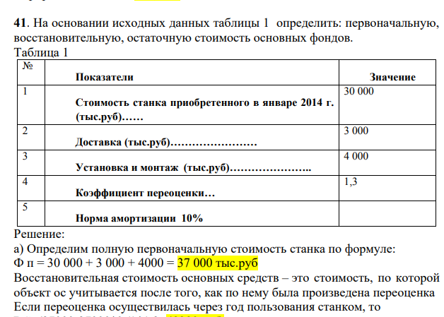 На основании исходных данных таблицы 1 определить: первоначальную, восстановительную, остаточную стоимость основных фондов. Таблица 1 № Показатели Значение 1 Стоимость станка приобретенного в январе 2014 г. (тыс.руб)…… 30 000 2 Доставка (тыс.руб)…………………… 3 000 3 Установка и монтаж (тыс.руб)………………….. 4 000 4 Коэффициент переоценки… 1,3 5 Норма амортизации 10%