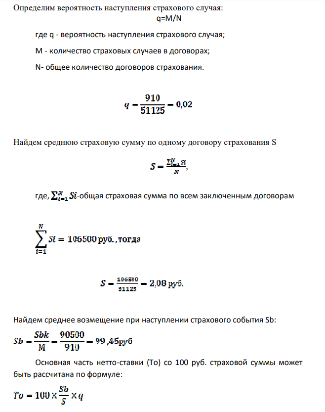 Используя данные из таблицы рассчитать брутто-ставку страхового тарифа. Количество действующих договоров страхования в анализируемом периоде(N) 51125 Количество страховых случаев в течение анализируемого периода 910 Совокупная сумма выплаченных страховых возмещений (руб.) 90500 Совокупная страховая сумма пострадавших объектов (руб.) 106500