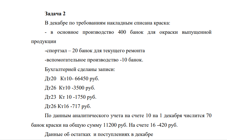 В декабре по требованиям накладным списана краска: - в основное производство 400 банок для окраски выпущенной продукции -спортзал – 20 банок для текущего ремонта -вспомогательное производство -10 банок. Бухгалтерией сделаны записи: Дт20 Кт10- 66450 руб. Дт26 Кт10 -3500 руб. Дт23 Кт 10 -1750 руб. Дт26 Кт16 -717 руб.