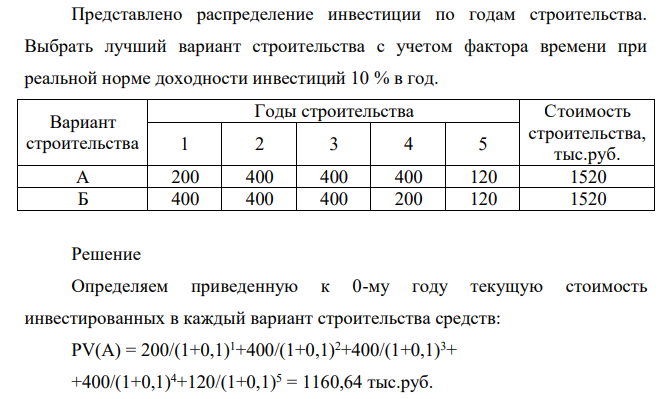 Представлено распределение инвестиции по годам строительства. Выбрать лучший вариант строительства с учетом фактора времени при реальной норме доходности инвестиций 10 % в год. Вариант строительства Годы строительства Стоимость строительства, тыс.руб. 1 2 3 4 5 А 200 400 400 400 120 1520 Б 400 400 400 200 120 1520