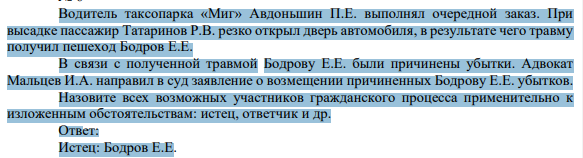 Водитель таксопарка «Миг» Авдоньшин П.Е. выполнял очередной заказ. При высадке пассажир Татаринов Р.В. резко открыл дверь автомобиля, в результате чего травму получил пешеход Бодров Е.Е. В связи с полученной травмой Бодрову Е.Е. были причинены убытки.