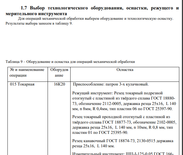 Выбор технологического оборудования, оснастки, режущего и мерительного инструмента