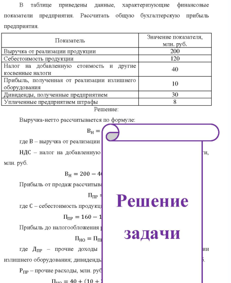 B таблице приведены данные, характеризующие финансовые показатели предприятия. Рассчитать общую бухгалтерскую прибыль предприятия. Показатель Значение показателя, млн. руб. Выручка от реализации продукции Себестоимость продукции Налог на добавленную стоимость и другие косвенные