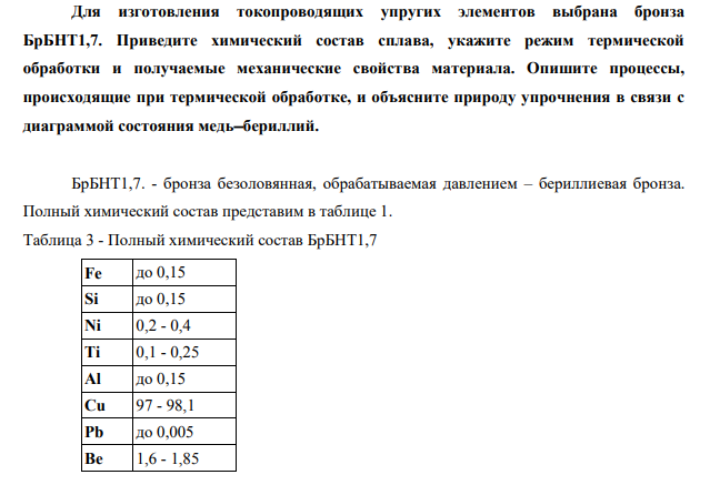 Для изготовления токопроводящих упругих элементов выбрана бронза БрБНТ1,7. Приведите химический состав сплава, укажите режим термической обработки и получаемые механические свойства материала.