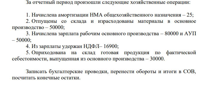 Дана СОВ с остатками по счетам на начало месяца. №сч. С-до начальное Обороты Сальдо конечное Дт Кт Дт Кт Дт Кт 01 564100 02 04 100 05 10 209100 43 45000 51 270000 60 81000 62 8500 66 400000 68 6000 70 5000 80 500000 82 20000 83 59800 84 25000 Итого 1096800 1096800 За отчетный период произошли следующие хозяйственные операции: