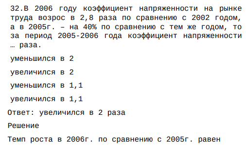 В 2006 году коэффициент напряженности на рынке труда возрос в 2,8 раза по сравнению с 2002 годом, а в 2005г. – на 40% по сравнению с тем же годом, то за период 2005-2006 года коэффициент напряженности … раза. уменьшился в 2 увеличился в 2 уменьшился в 1,1 увеличился в 1,1 Ответ: увеличился в 2 раза