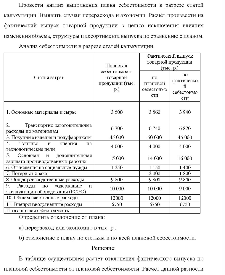Провести анализ выполнения плана себестоимости в разрезе статей калькуляции. Выявить случаи перерасхода и экономии. Расчёт произвести на фактический выпуск товарной продукции с целью исключения влияния изменения объема, структуры