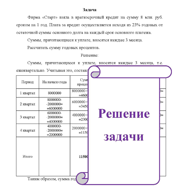 Задача Фирма «Старт» взяла в краткосрочный кредит на сумму 8 млн. руб. сроком на 1 год. Плата за кредит осуществляется исходя из 23% годовых от остаточной суммы основного долга на каждый срок основного платежа.