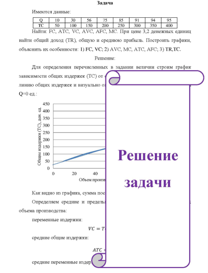 Имеются данные: 10 30 56 85 91 94 95 TC 50 100 150 200 250 300 350 400 Найти: FC, ATC, VC, AVC, AFC, MC. При цене 3,2 денежных единиц найти общий доход (TR), общую и среднюю прибыль.