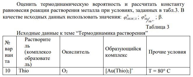 Оценить термодинамическую вероятность и рассчитать константу равновесия реакции растворения металла при условиях, заданных в табл.3. В качестве исходных данных использовать значения: 0 ОКИСЛ. ; 0 n Me Me ; .