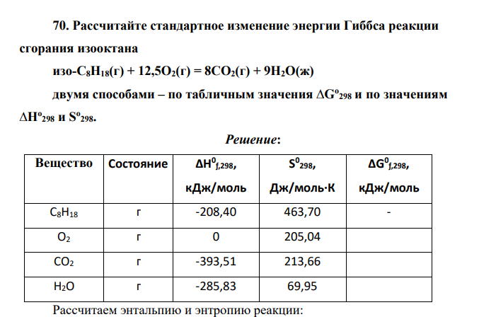 Рассчитайте стандартное изменение энергии Гиббса реакции сгорания изооктана изо-С8Н18(г) + 12,5О2(г) = 8СО2(г) + 9Н2О(ж) двумя способами