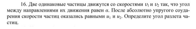 Две одинаковые частицы движутся со скоростями v1 и v2 так, что угол между направлениями их движения равен а. После абсолютно упругого соударения скорости частиц оказались равными u1 и u2. Определите угол разлета частиц.