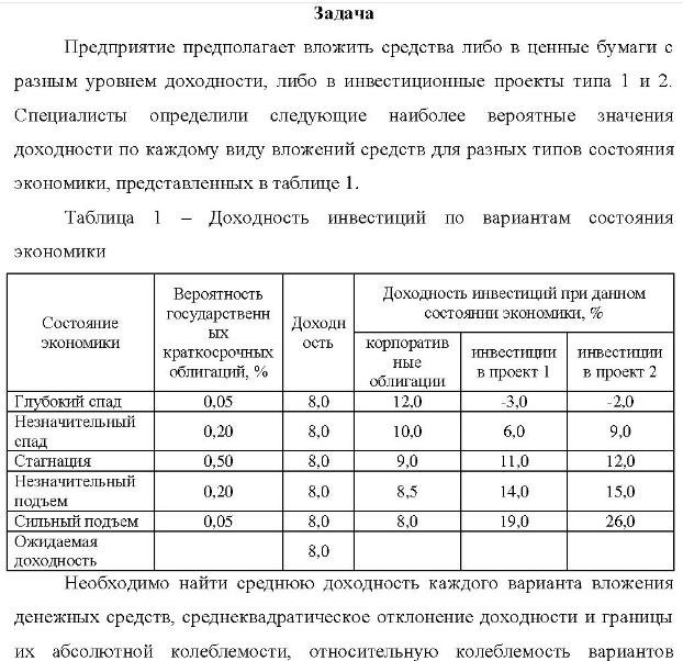 Предприятие предполагает вложить средства либо в ценные бумаги с разным уровнем доходности, либо в инвестиционные проекты типа 1 и 2. Специалисты определили следующие наиболее вероятные значения доходности по каждому виду вложений средств для разных типов состояния экономики, представленных в таблице 1.