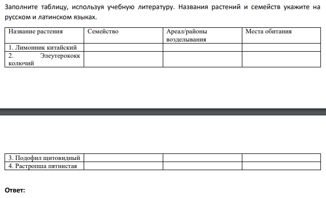 Заполните таблицу, используя учебную литературу. Названия растений и семейств укажите на русском и латинском языках.