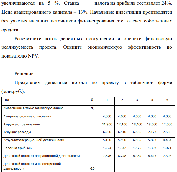 Предприятие рассматривает возможность приобретение новой технологической линии. Стоимость линии 20 млн. руб., срок эксплуатации – 5 лет; амортизация начисляется линейным методом по 20% годовых; суммы, вырученные от ликвидации оборудования в конце срока эксплуатации покрывают расходы по его демонтажу.
