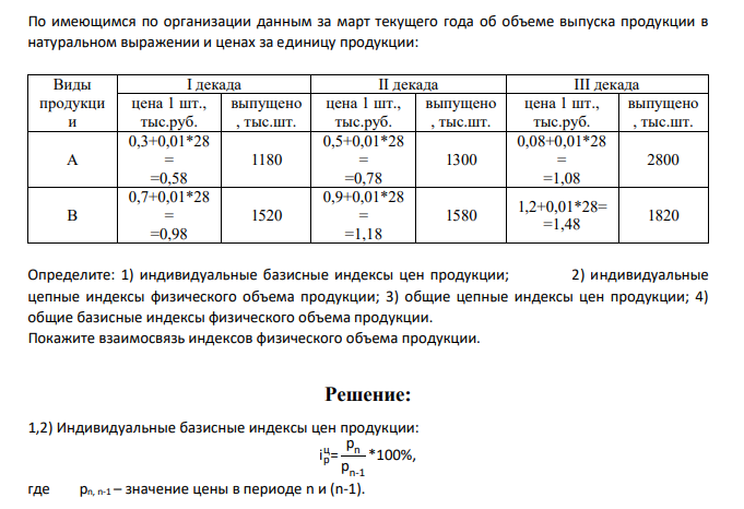 По имеющимся по организации данным за март текущего года об объеме выпуска продукции в натуральном выражении и ценах за единицу продукции: Виды продукци и I декада II декада III декада цена 1 шт., тыс.руб