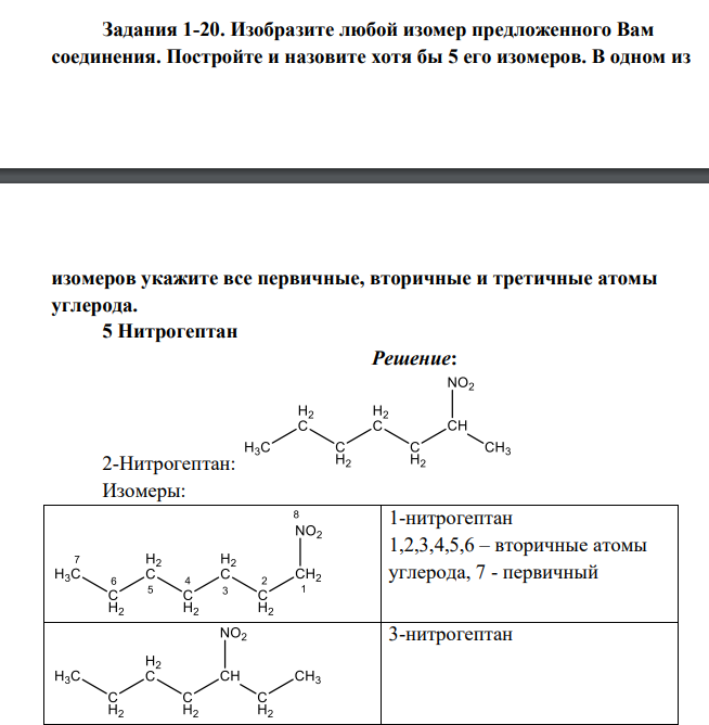 Изобразите любой изомер предложенного Вам соединения. Постройте и назовите хотя бы 5 его изомеров. В одном из изомеров укажите все первичные, вторичные и третичные атомы углерода. 5 Нитрогептан