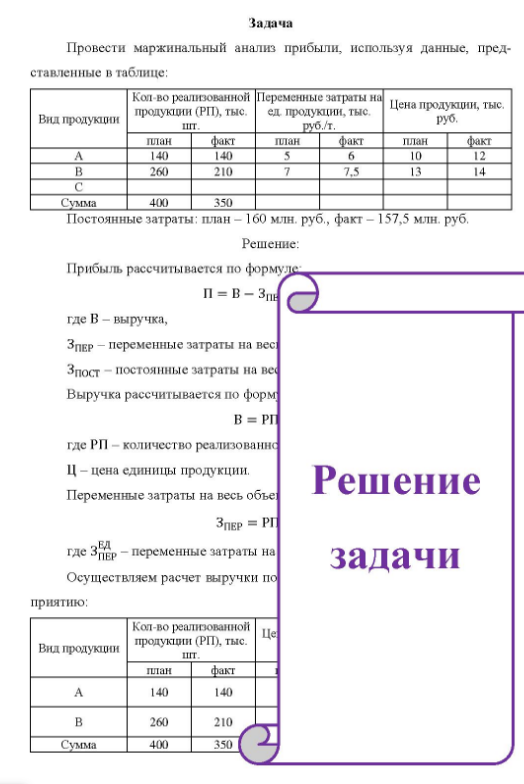 Провести маржинальный анализ прибыли, используя данные, пред- ставленные в таблице: Вид продукции Кол во реализованной Переменные затраты на продукции (РП), тыс. ед продукции, тыс. шт. руб. /т. Цена продукции, тыс. руб. план 140 260 факт 140 210 план факт план 10 факт 350 Сумма 400 Постоянные затраты: план - 160 млн.