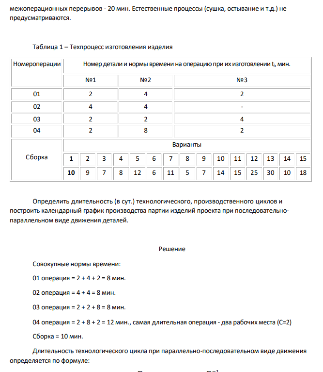Проект предусматривает производство партии изделий n - 50 шт. Изделие является сборочным. Нормы времени по операциям представлены в табл. 1. На самой длительной операции - два рабочих места (С=2). Режим работы
