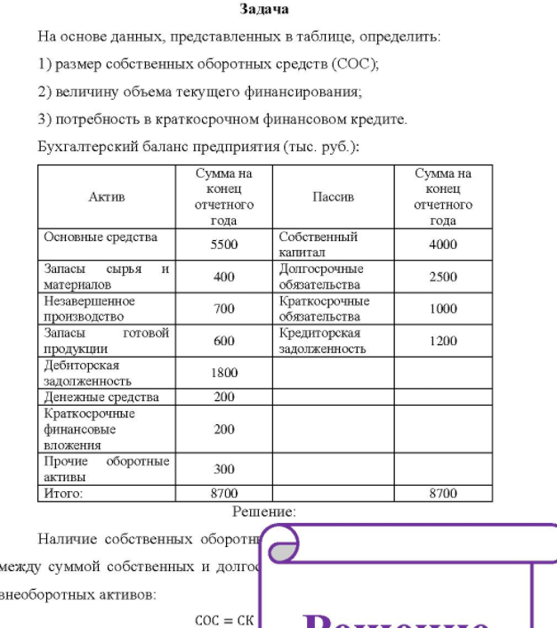 На основе данных, представленных в таблице, определить: 1) размер собственных оборотных средств (СОС), 2) величину объема текущего финансирования; 3) потребность в краткосрочном финансовом кредите. Бухгалтерский баланс предприятия (тыс. руб. ): Сумма на Сумма на Актив конец отчетного Пассив конец отчетного Основные средства Запасы сырья и материалов