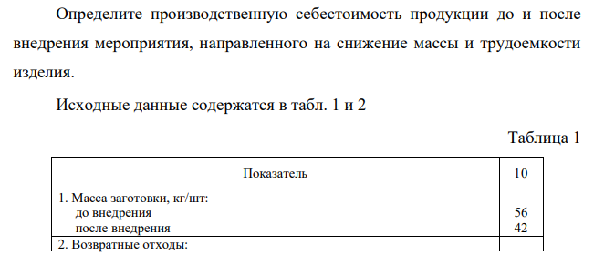 Определите производственную себестоимость продукции до и после внедрения мероприятия, направленного на снижение массы и трудоемкости изделия. Исходные данные содержатся в табл. 1 и 2 Таблица 1 Показатель 10 1. Масса заготовки, кг/шт: до внедрения 56 после внедрения 42