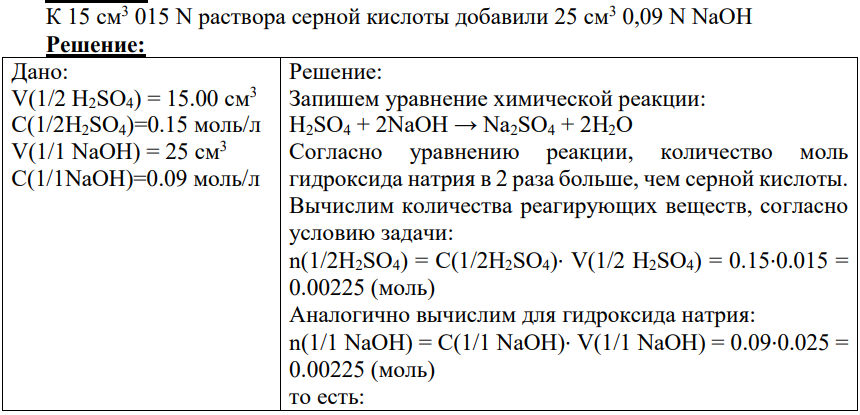 К 15 см3 015 N раствора серной кислоты добавили 25 см3 0,09 N NaOH