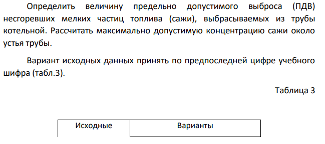 Определить величину предельно допустимого выброса (ПДВ) несгоревших мелких частиц топлива (сажи), выбрасываемых из трубы котельной. Рассчитать максимально допустимую концентрацию сажи около устья трубы.